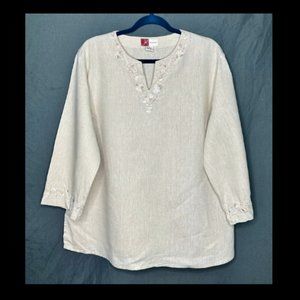 JM Collection Embroidered Linen Tunic Top, Size 16, Beige